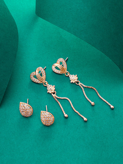 Aadita Casual & Party Wear Gold-Plated White AD Stone Heart Drop With Tassel Chain And Teardrop Stud Combo Earrings Set