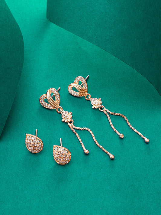 Aadita Casual & Party Wear Gold-Plated White AD Stone Heart Drop With Tassel Chain And Teardrop Stud Combo Earrings Set