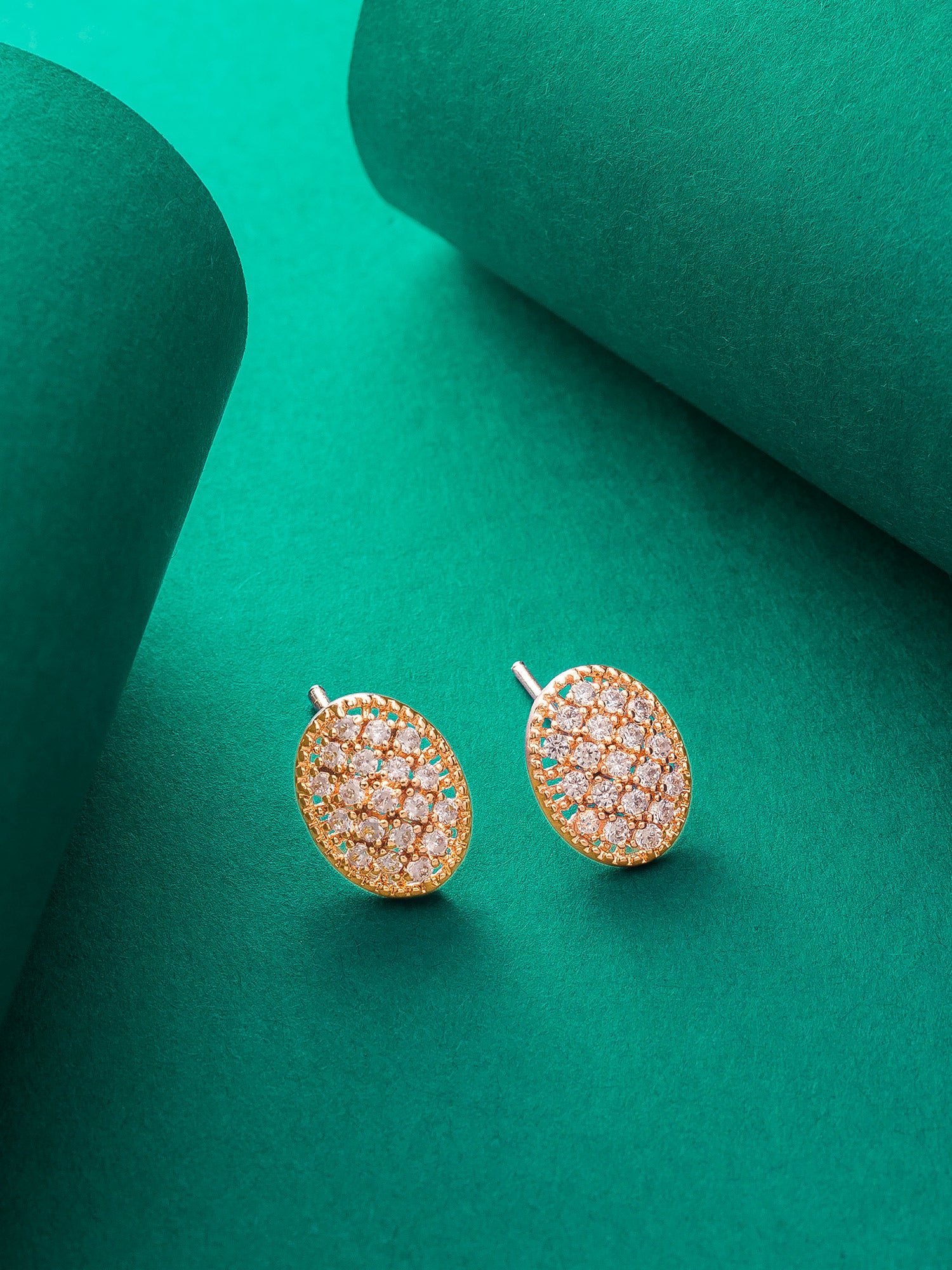 Aadita Casual Wear Gold-Plated AD Stone Oval Pave Stud Earrings