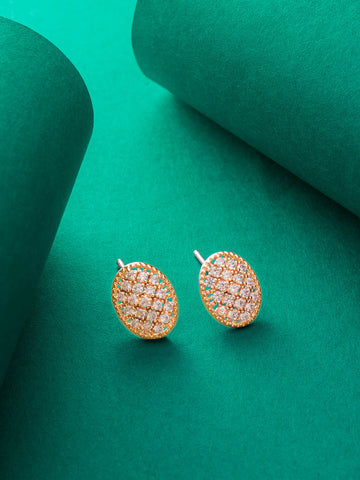 Aadita Casual Wear Gold-Plated AD Stone Oval Pave Stud Earrings