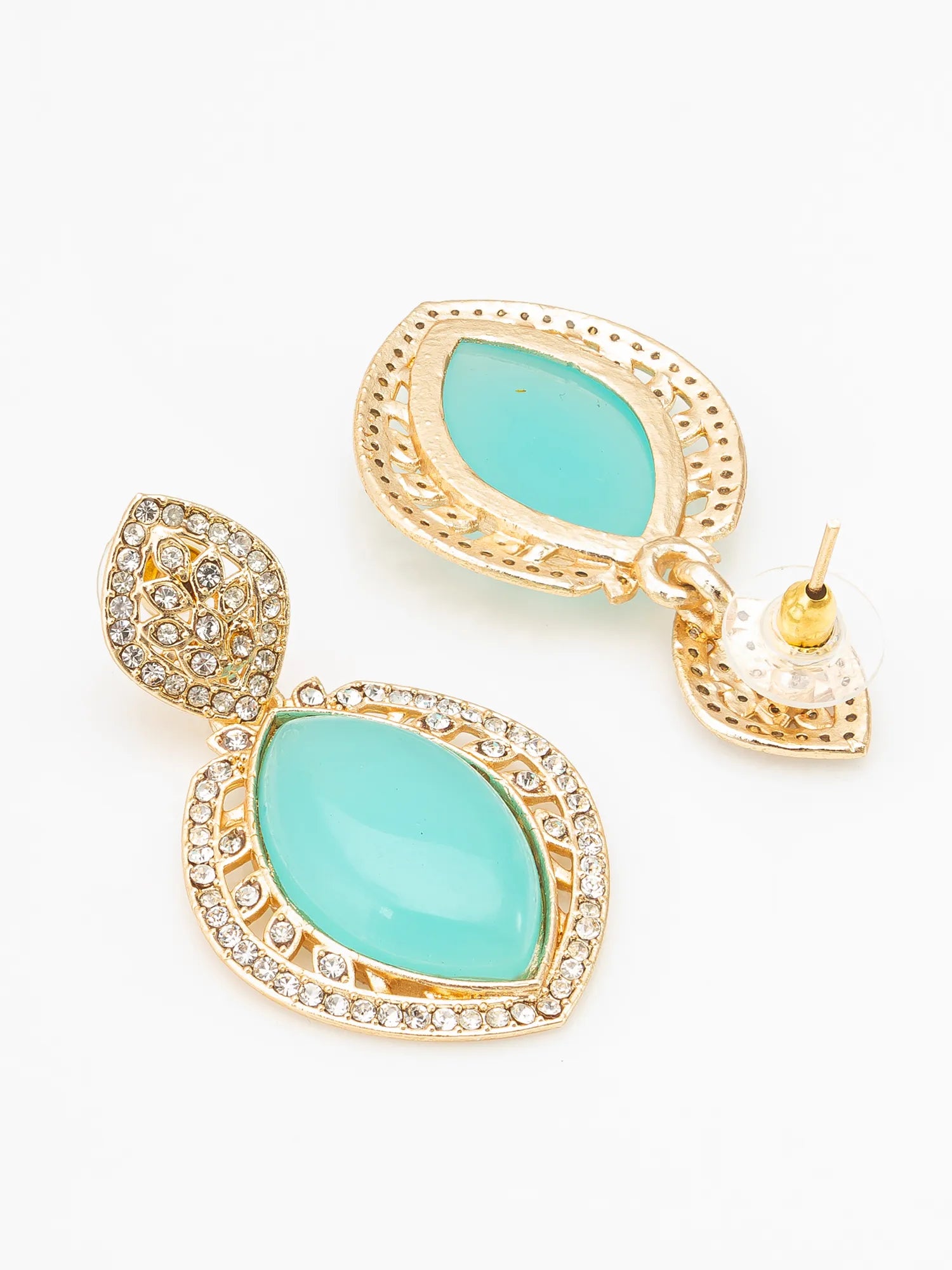 Gold-tone drop earrings featuring marquise-shaped light turquoise blue stones surrounded by clear rhinestones, with a smaller matching accent piece, shown on a white background.