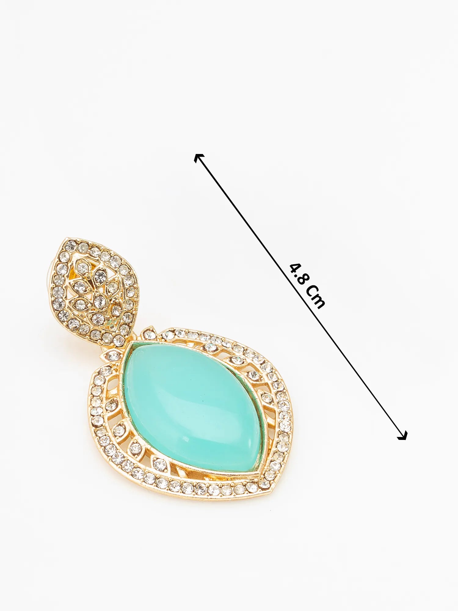 Gold-tone teardrop-shaped pendant with a large light turquoise center stone and clear rhinestone accents, shown on a white background with a black dimension arrow labeled 4.8 cm.