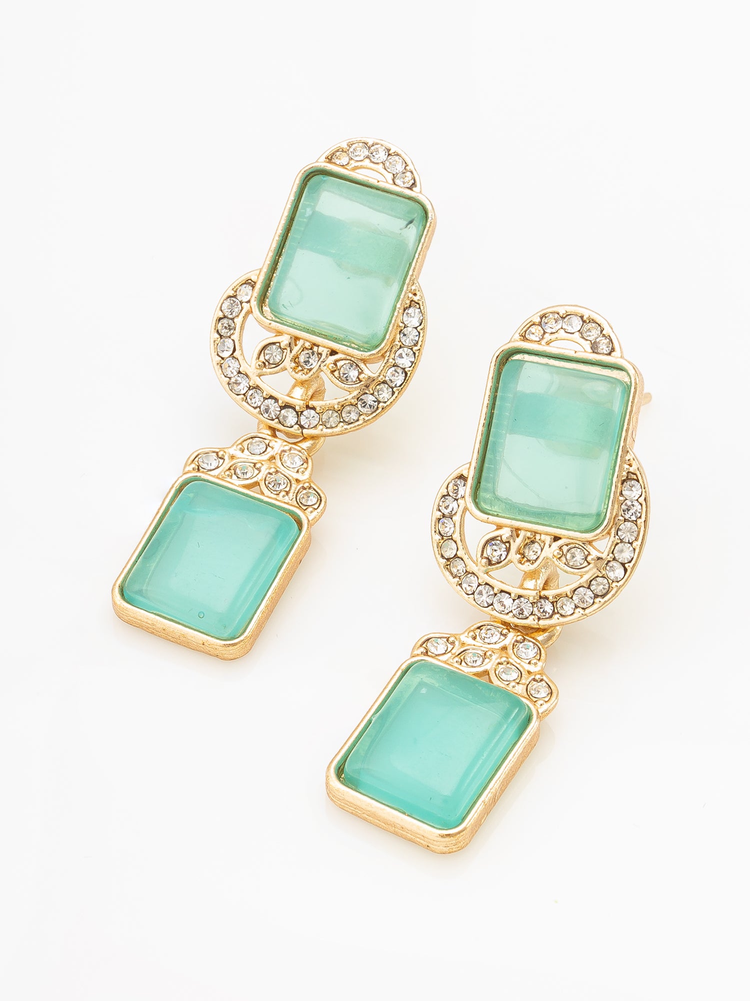 Aadita Gold Double Rectangle Drop Earrings with Mint Green Stone and White Stone Connector