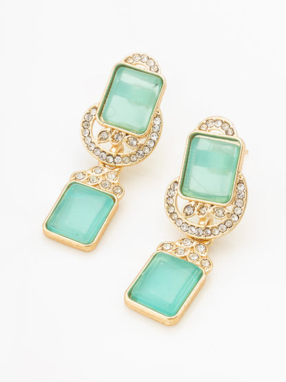 Aadita Gold Double Rectangle Drop Earrings with Mint Green Stone and White Stone Connector