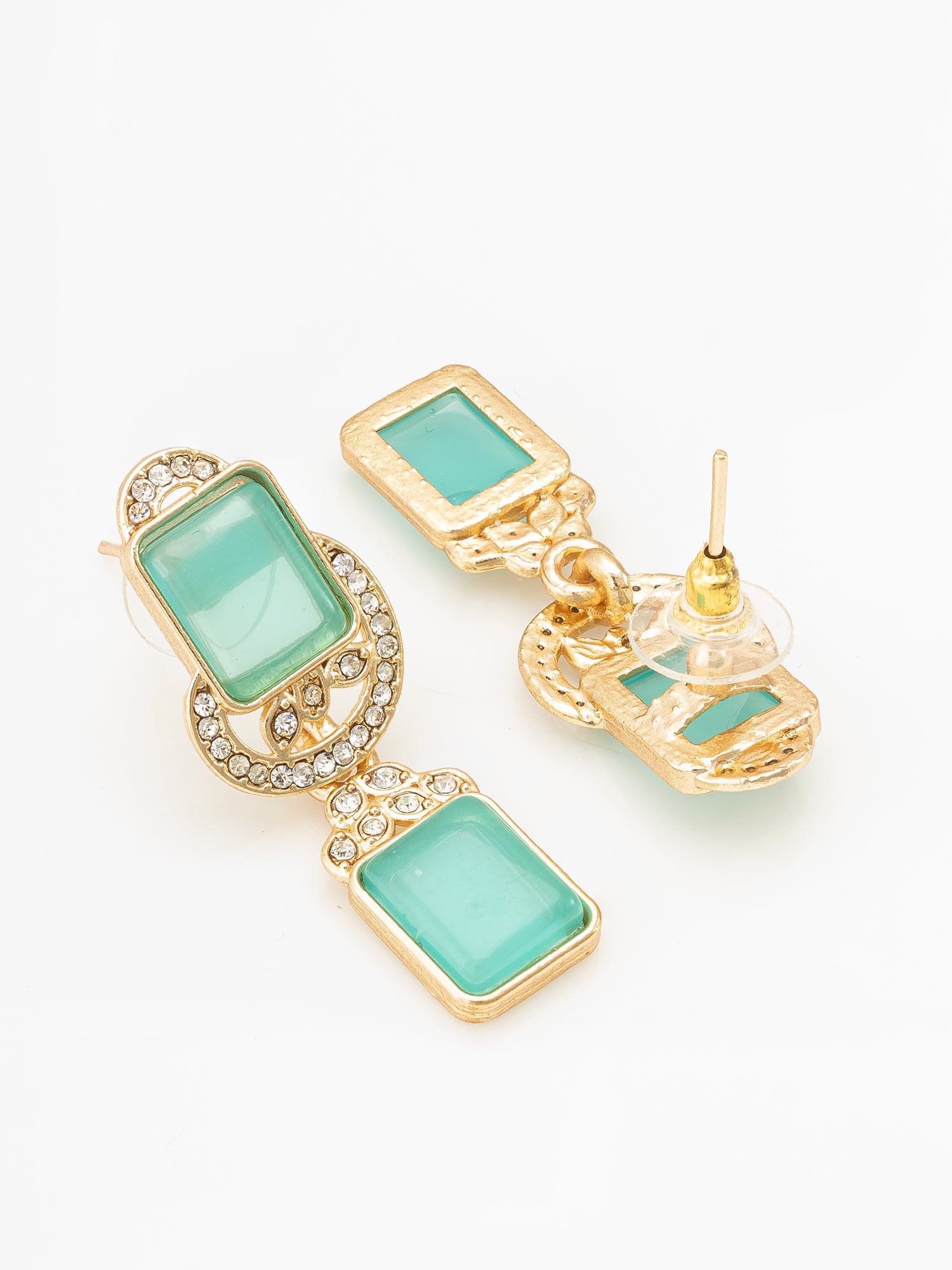 Aadita Gold Double Rectangle Drop Earrings with Mint Green Stone and White Stone Connector