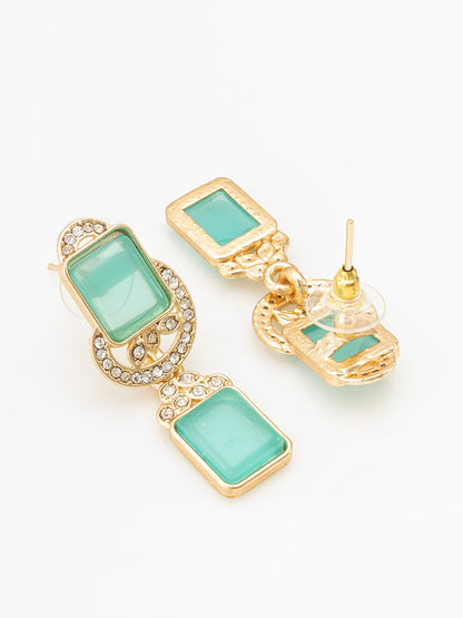 Aadita Gold Double Rectangle Drop Earrings with Mint Green Stone and White Stone Connector