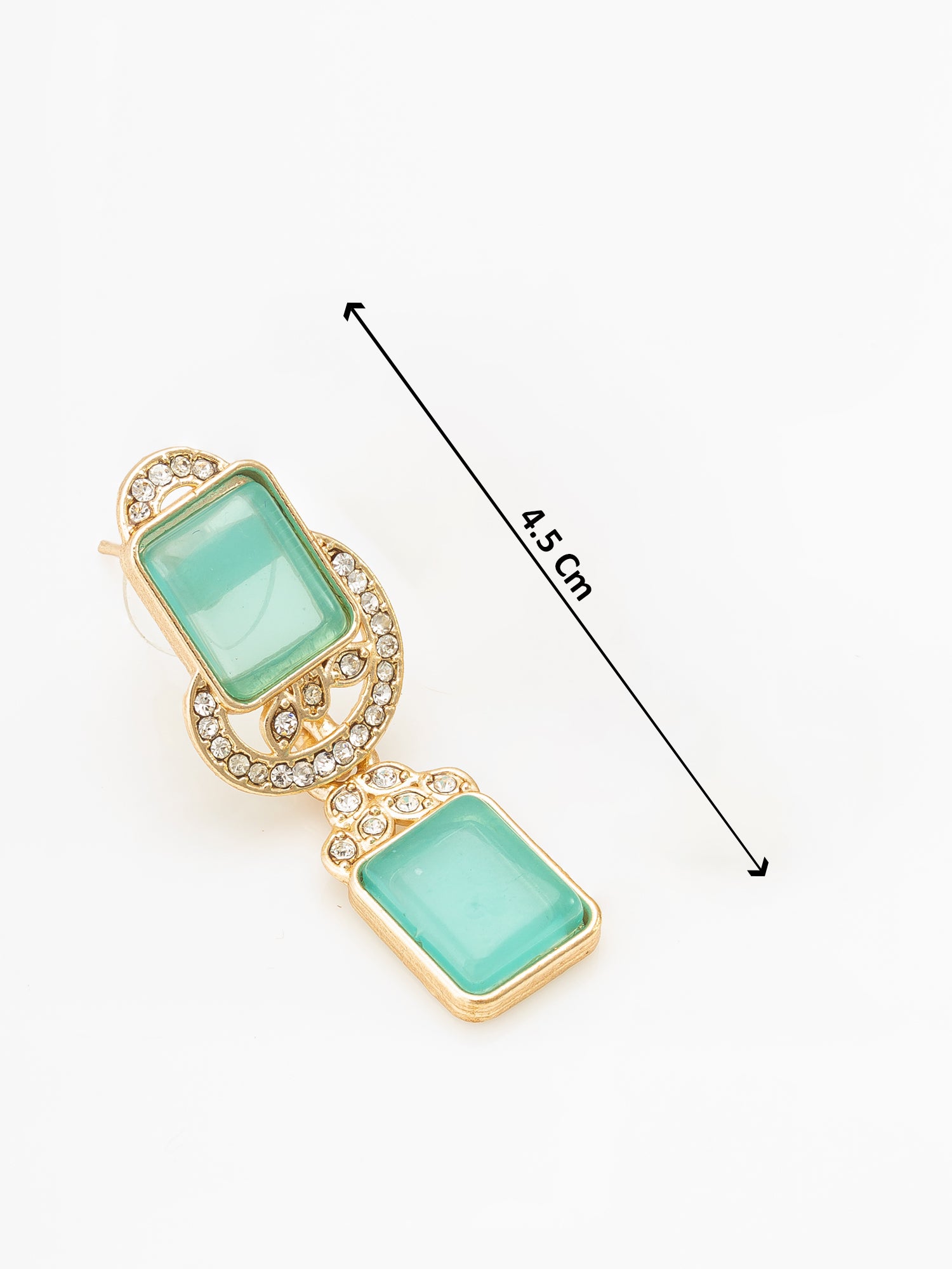 Aadita Gold Double Rectangle Drop Earrings with Mint Green Stone and White Stone Connector