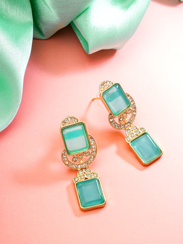 Aadita Gold Double Rectangle Drop Earrings with Mint Green Stone and White Stone Connector