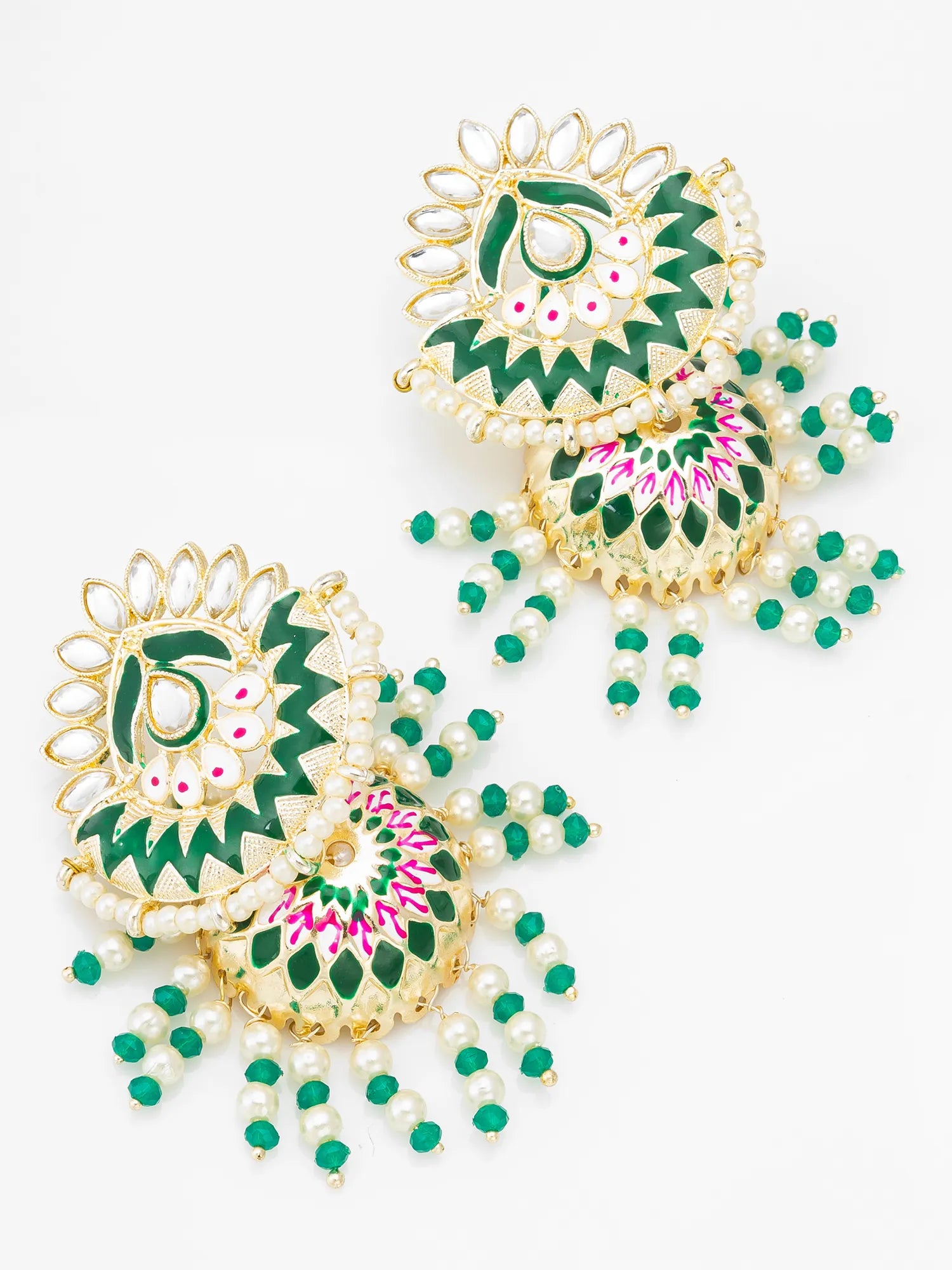 Decorative earrings with green, gold, and pink design on a white background