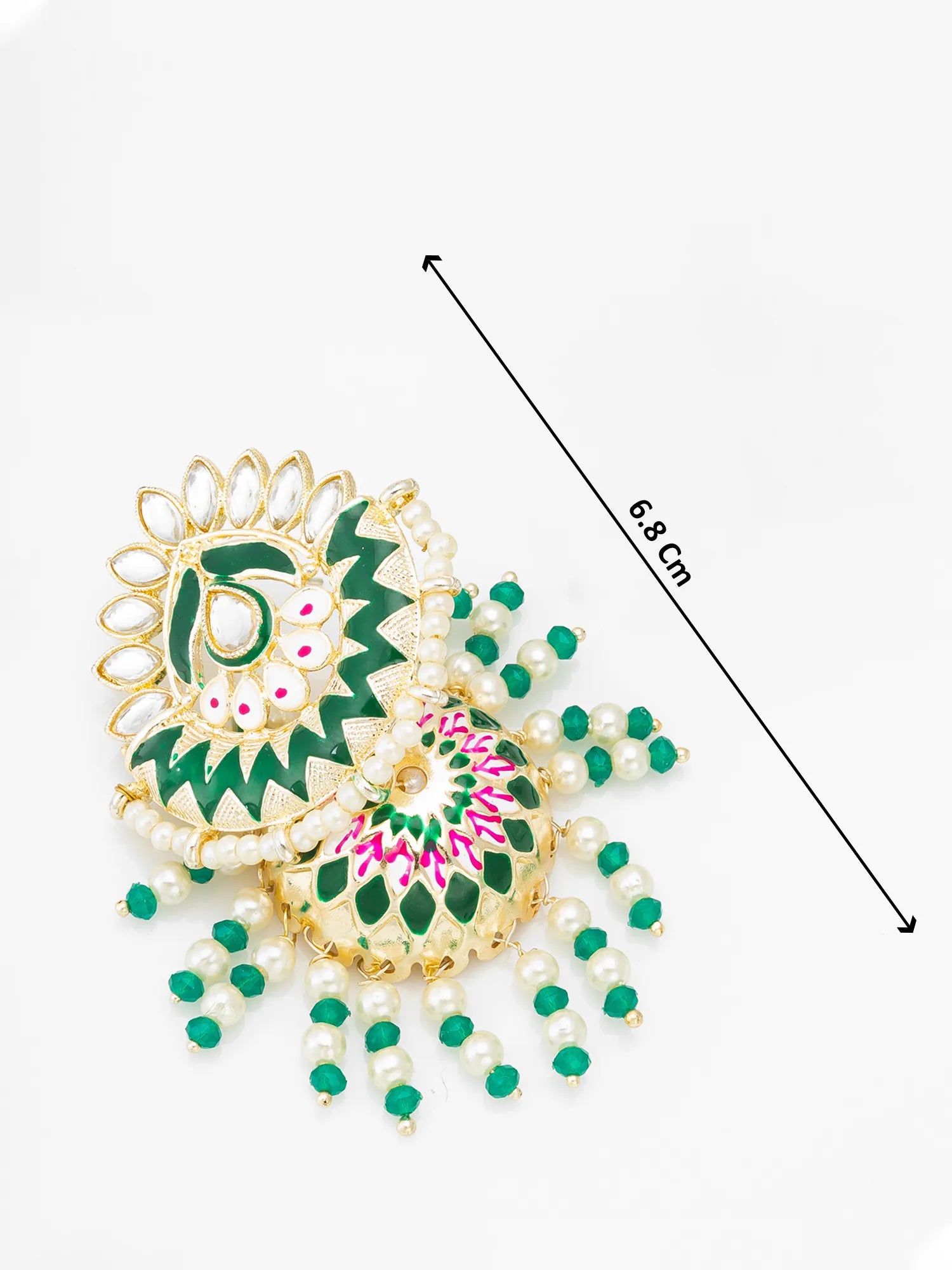 Gold-plated peacock brooch with green and pink enamel detailing, white faux pearls, and dangling green bead drops, shown on a white background with a black dimension line indicating 6.8 cm.