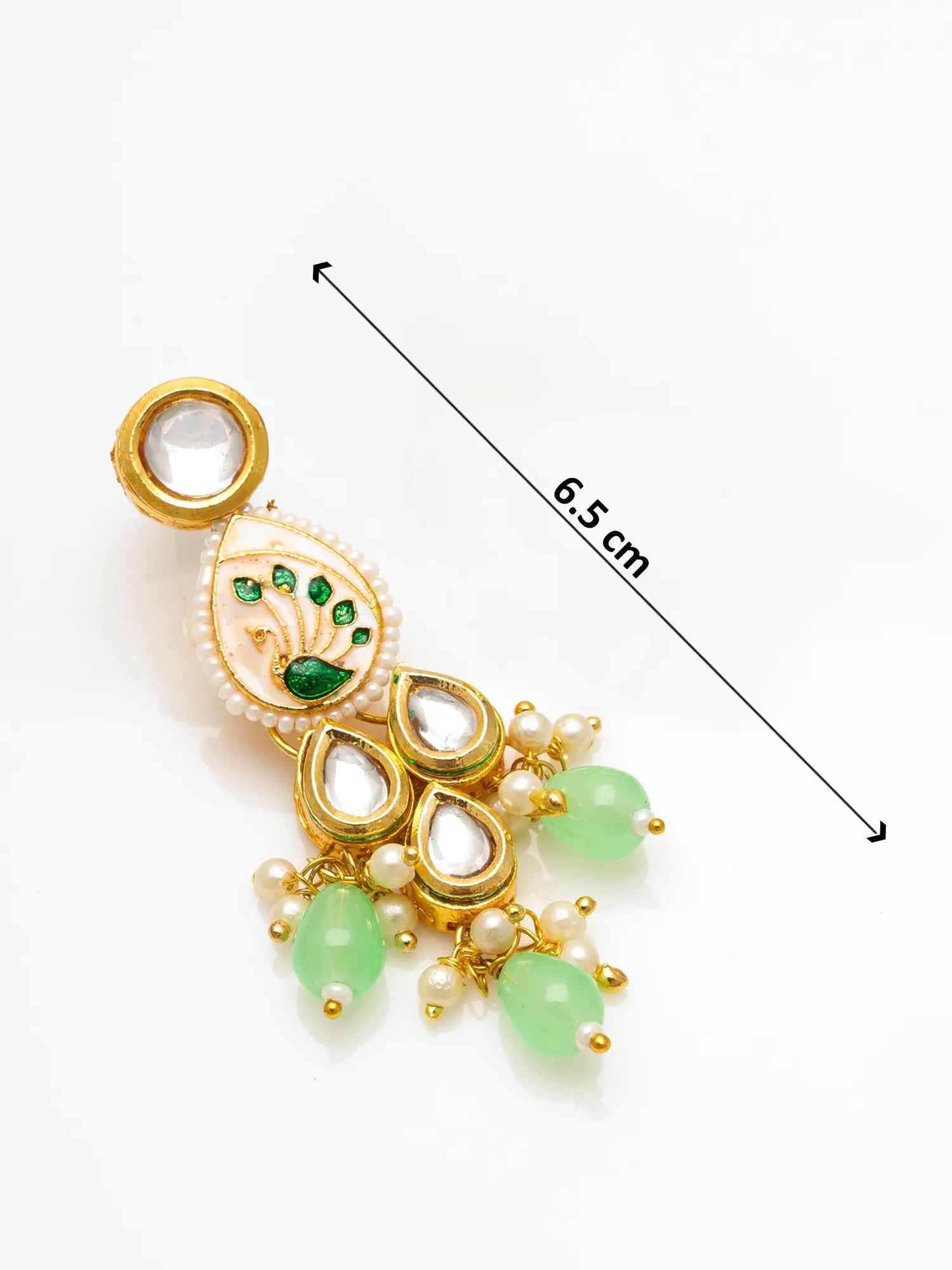 Gold and green jewelry piece with measurement label on a white background
