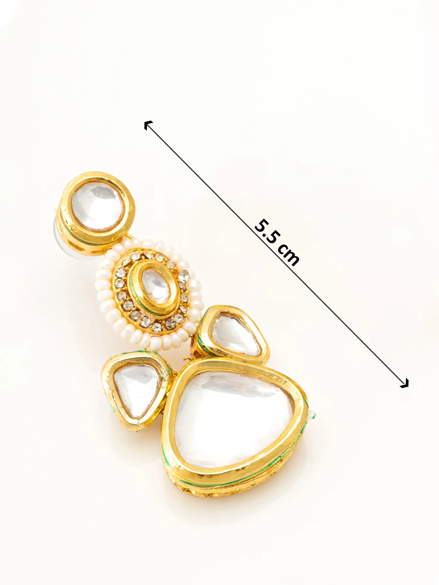 Gold-toned traditional Indian Kundan earrings with clear stones and white faux pearls, shown on a white background with a black dimension line indicating a height of 5.5 cm.