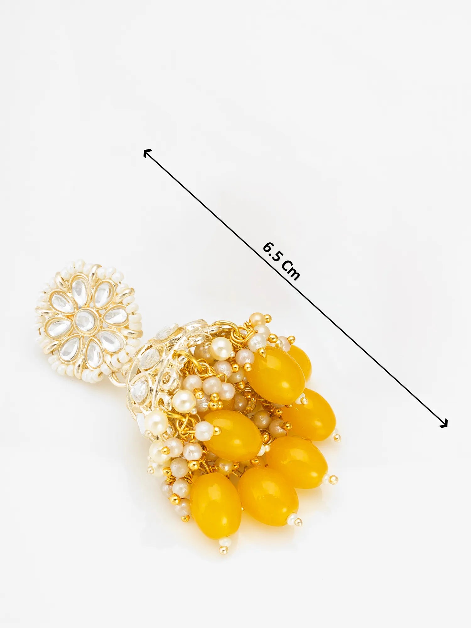 Gold-toned statement earrings with white faux pearls and yellow bead clusters, shown on a white background with a black dimension line indicating 6.5 cm.