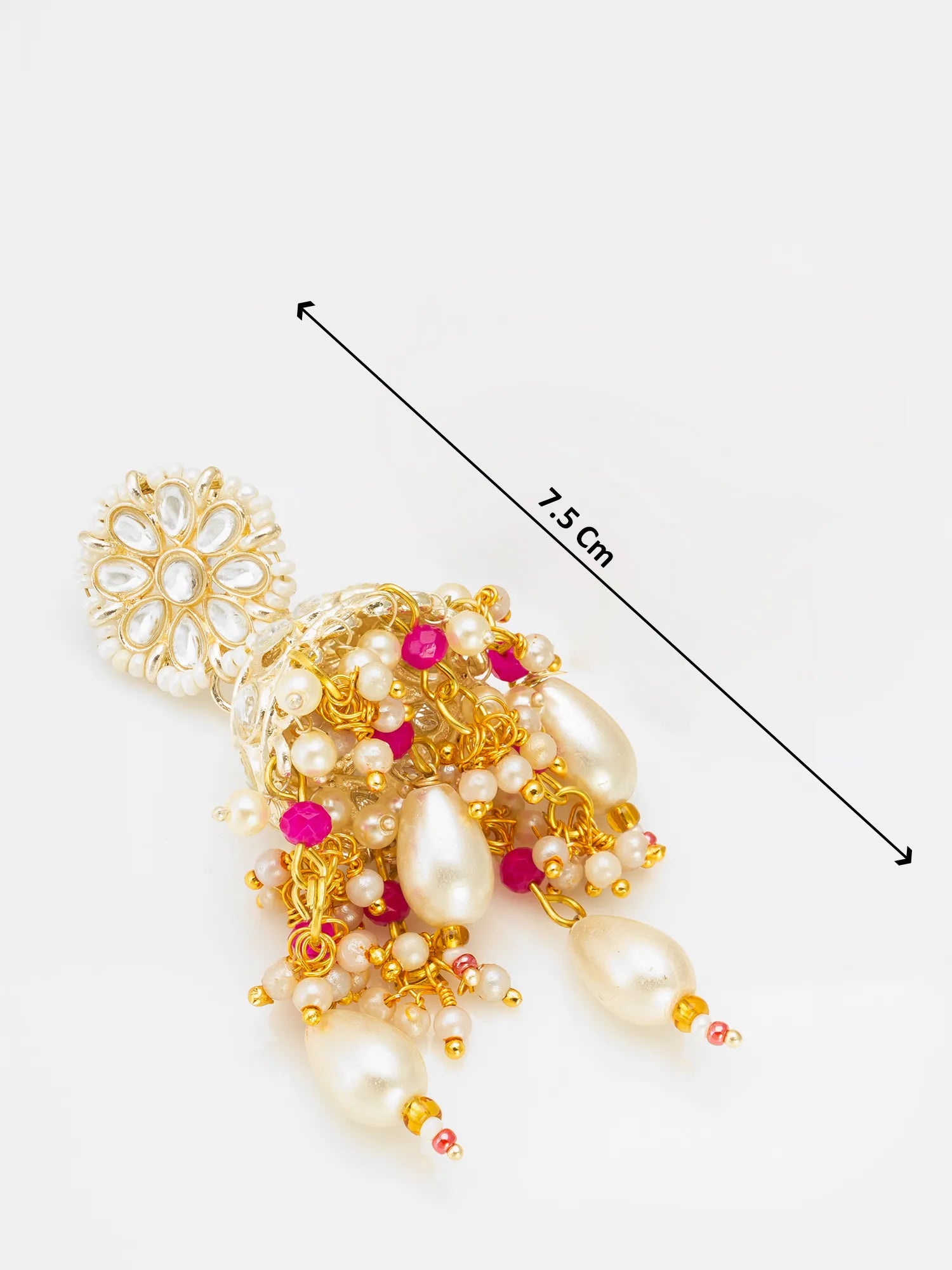 A gold and white beaded tassel earring with pearl-like drops and small pink accents, shown on a white background with a black measurement arrow indicating 7.5 cm.