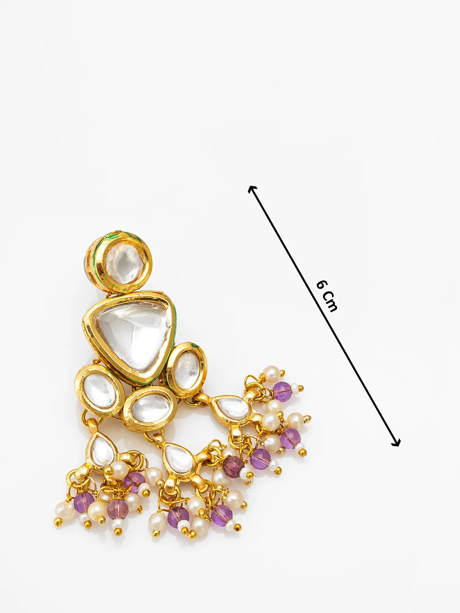 Gold-toned statement dangle earrings with white stones and purple beads, shown on a white background with a black measurement arrow labeled 6 cm.
