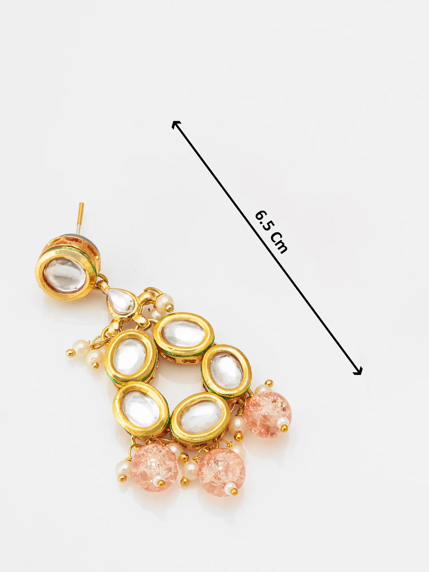 Gold-toned statement dangle earrings with clear oval stones and pink faceted beads, shown on a light gray background with a black measurement arrow and '6.5 cm' text indicating length.