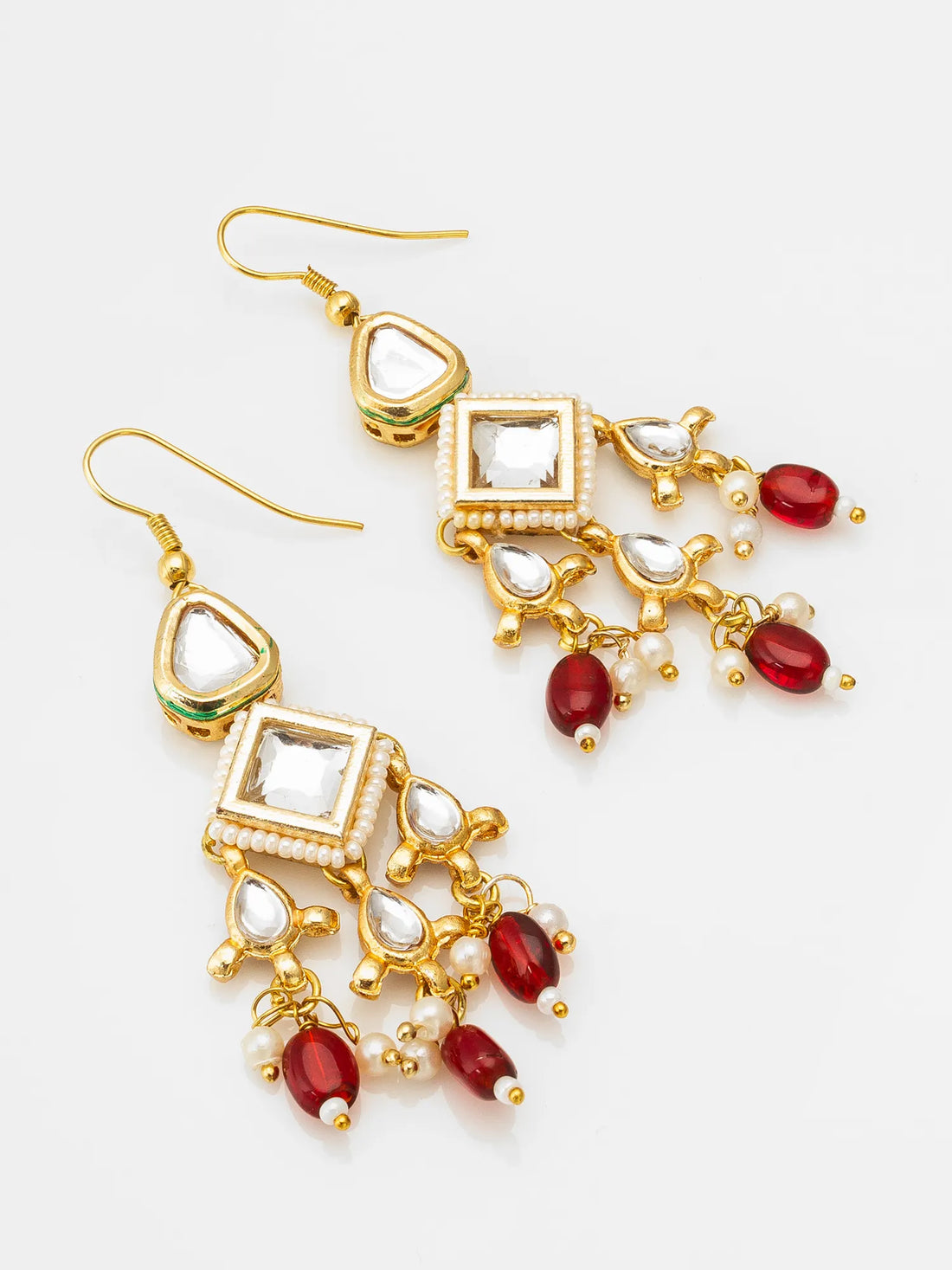 Gold Toned Kundan Chandelier Earrings with Red Bead Drops