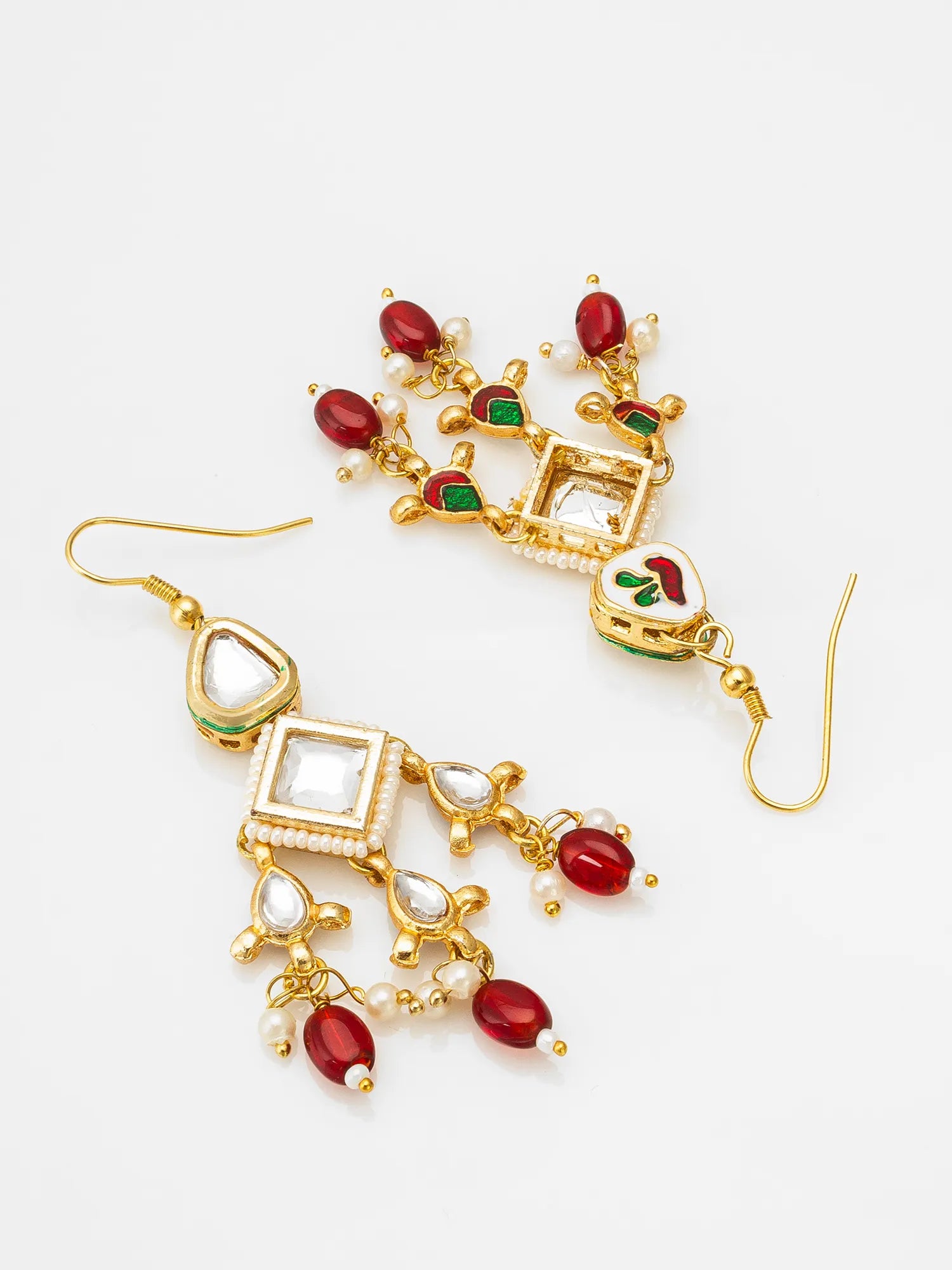 Gold Toned Kundan Chandelier Earrings with Red Bead Drops