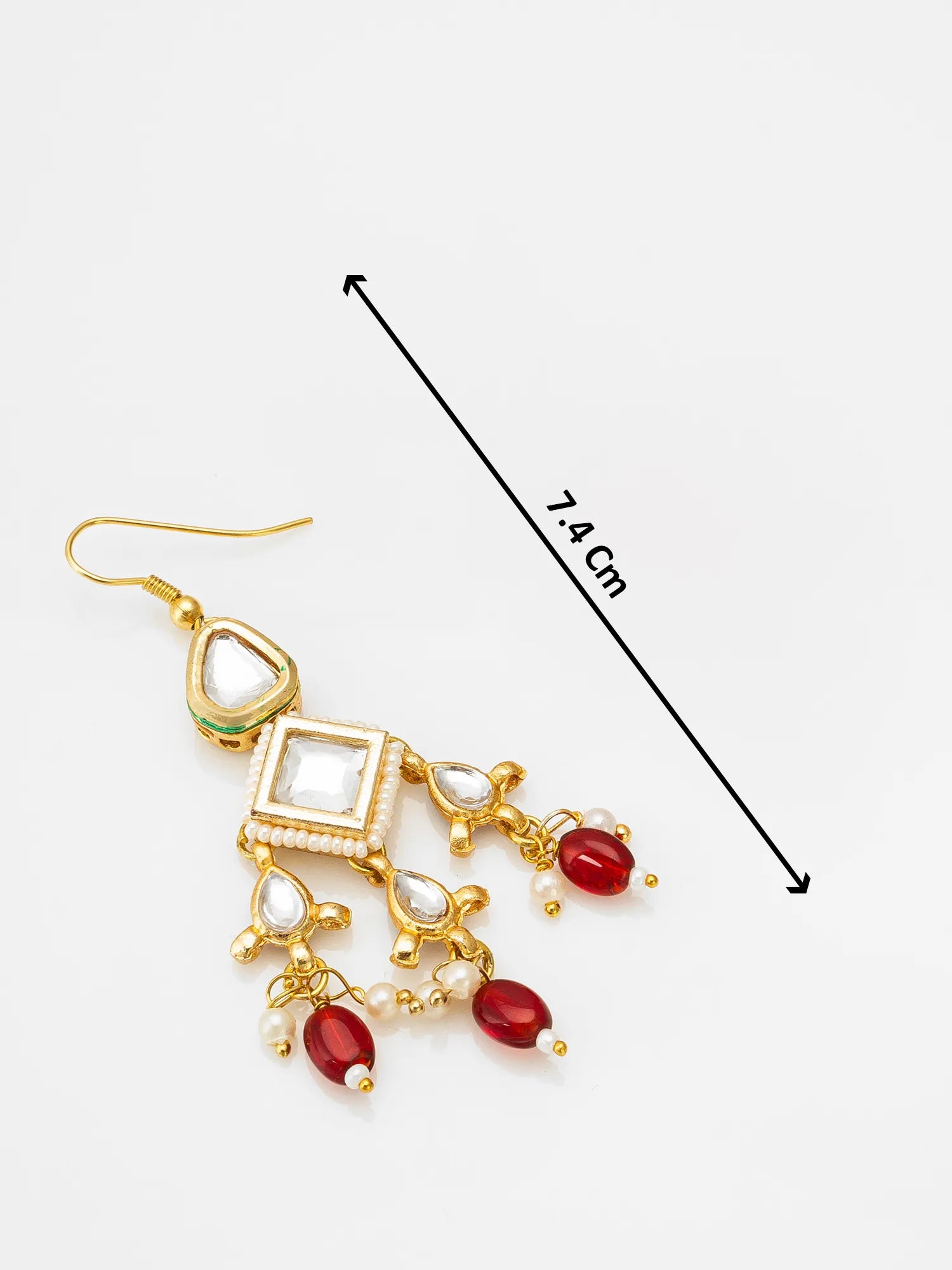 Gold Toned Kundan Chandelier Earrings with Red Bead Drops