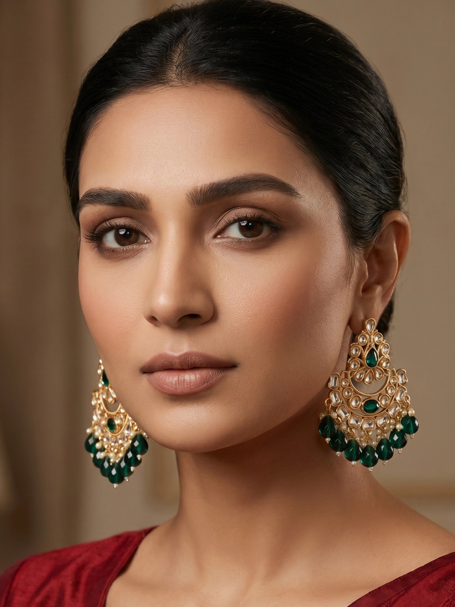Aadita Gold-Toned Kundan Chandbali Earrings with Emerald Crystal Drops and Seed Pearls