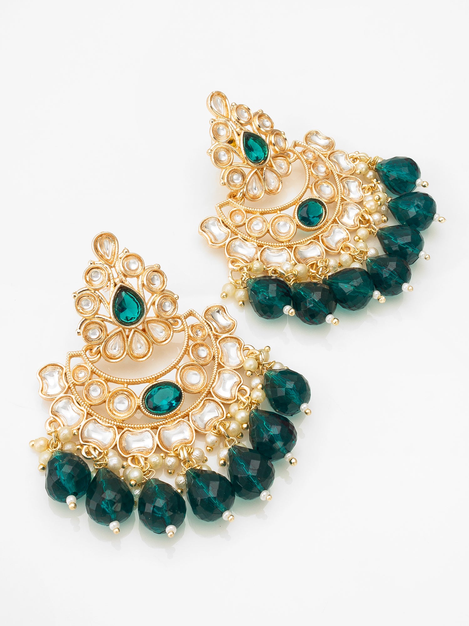 Aadita Gold-Toned Kundan Chandbali Earrings with Emerald Crystal Drops and Seed Pearls