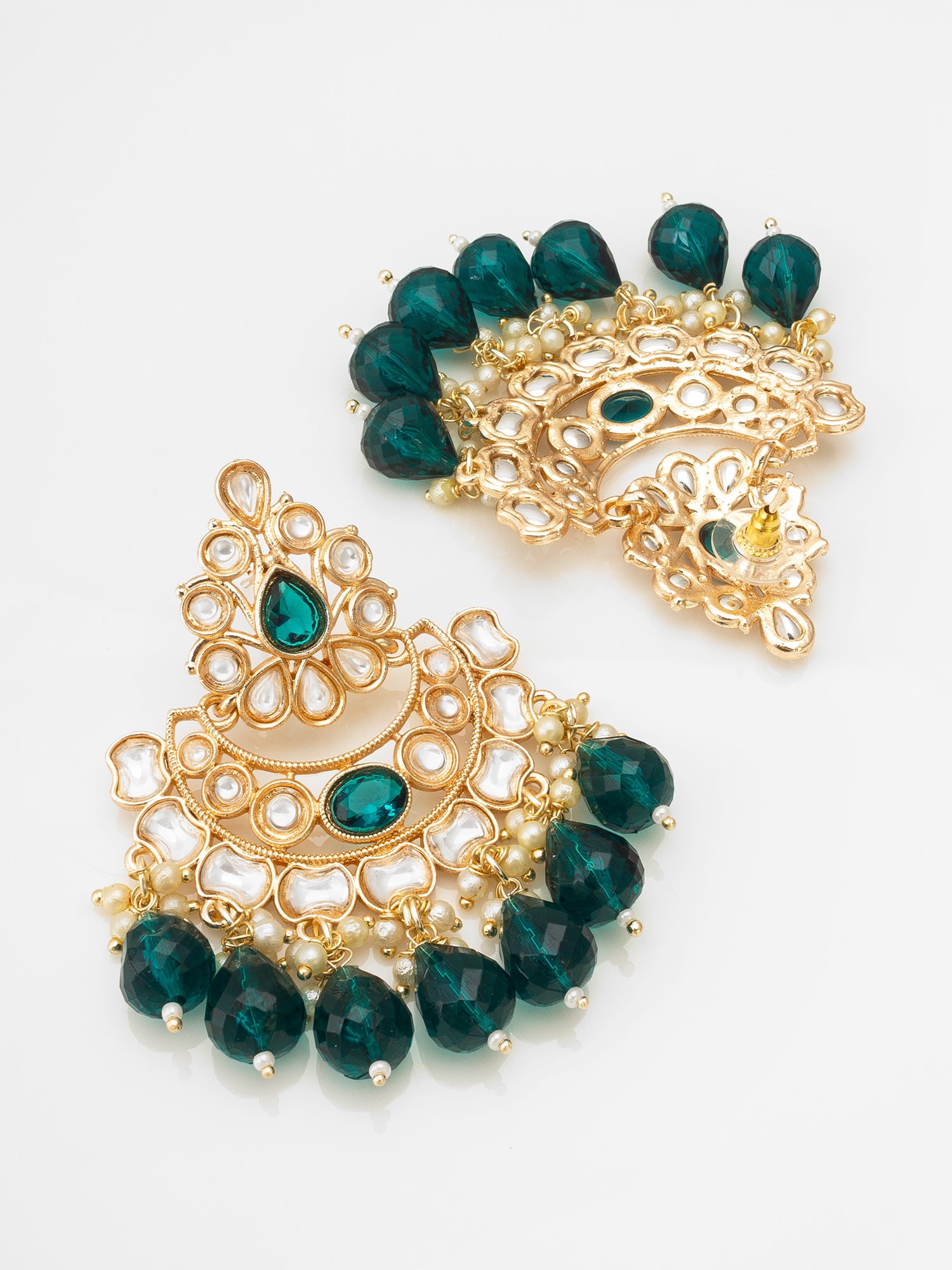 Aadita Gold-Toned Kundan Chandbali Earrings with Emerald Crystal Drops and Seed Pearls