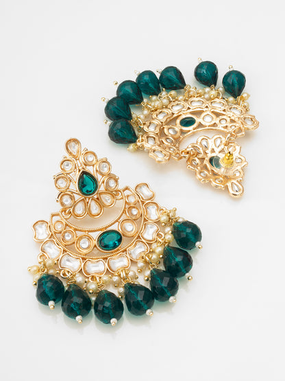 Aadita Gold-Toned Kundan Chandbali Earrings with Emerald Crystal Drops and Seed Pearls