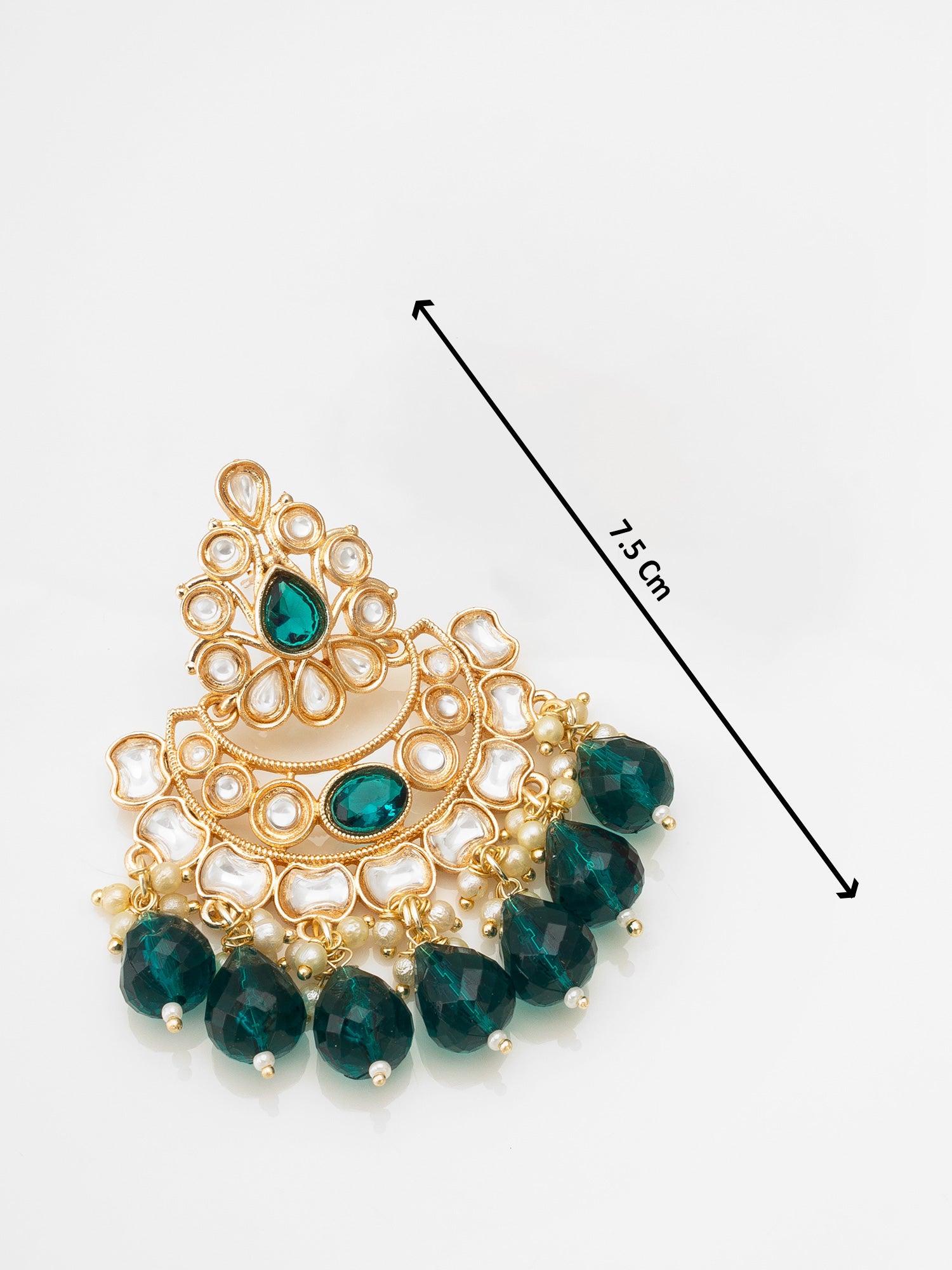 Aadita Gold-Toned Kundan Chandbali Earrings with Emerald Crystal Drops and Seed Pearls