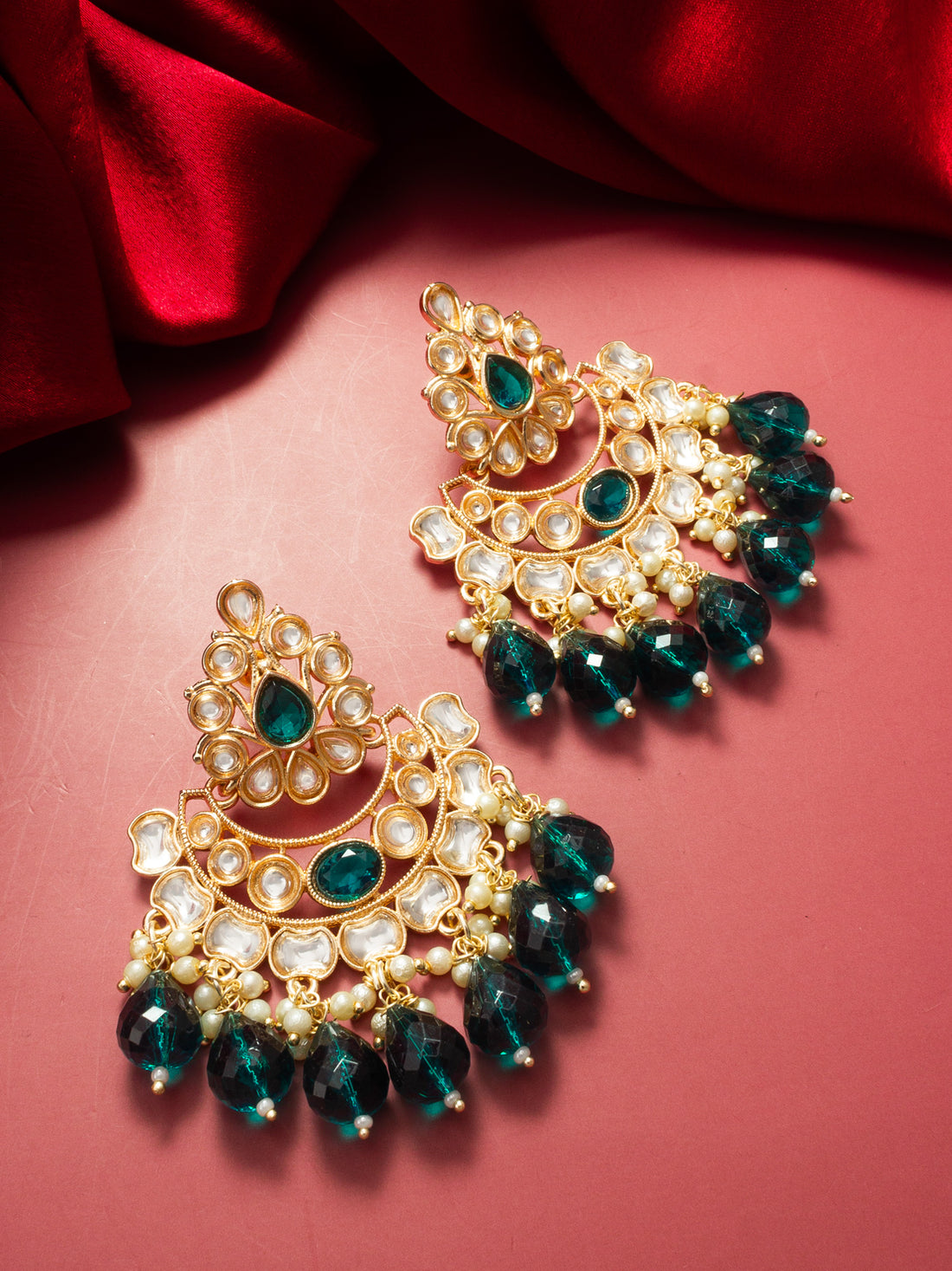Aadita Gold-Toned Kundan Chandbali Earrings with Emerald Crystal Drops and Seed Pearls
