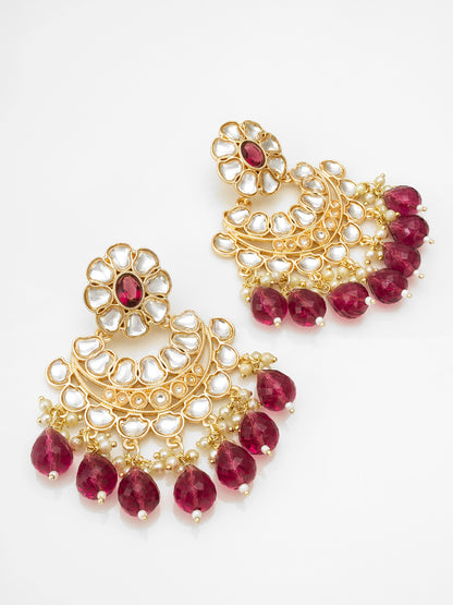 Aadita Gold-Toned Kundan Chandbali Earrings with Crystal Drops and Seed Pearls
