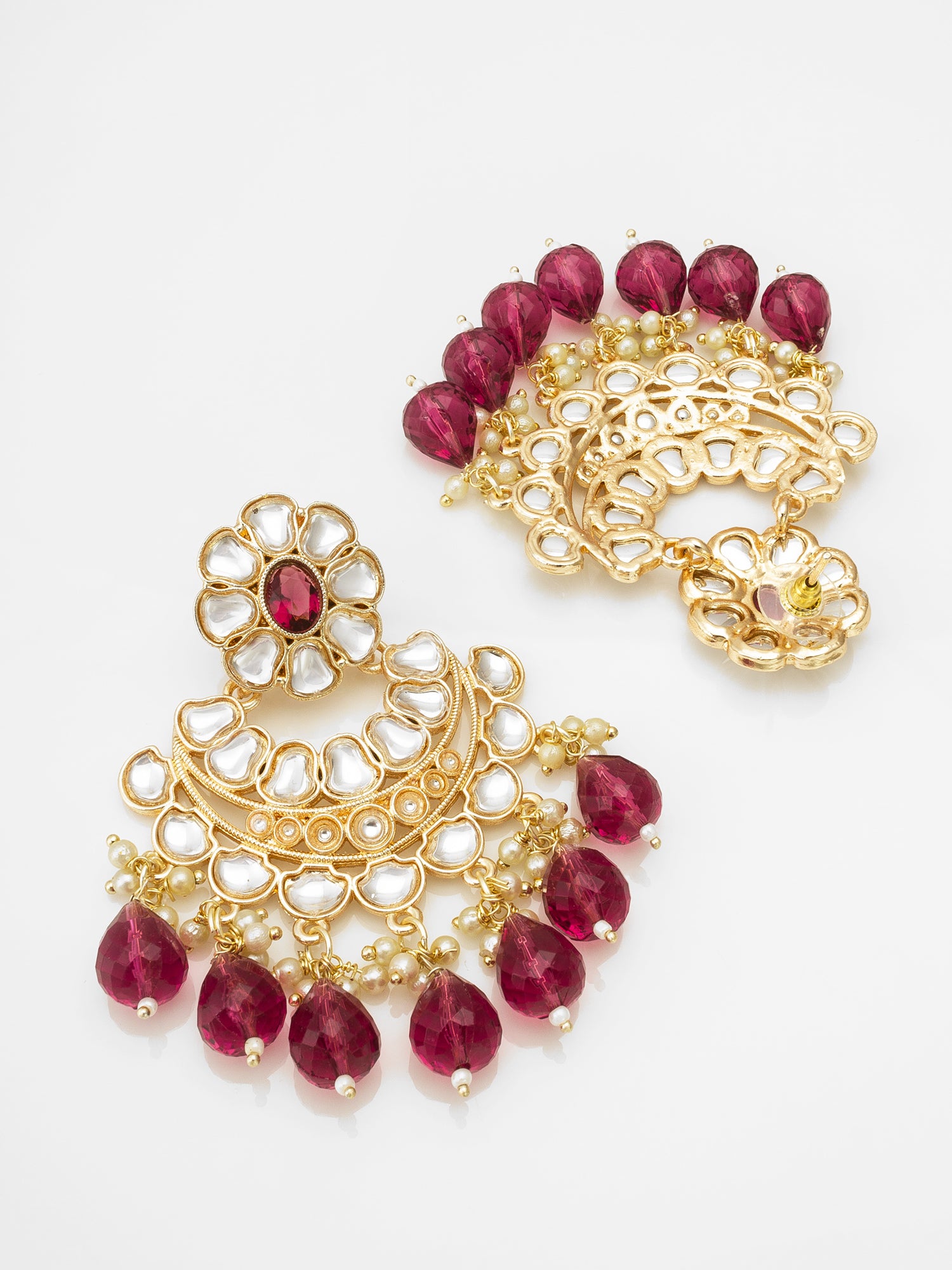 Aadita Gold-Toned Kundan Chandbali Earrings with Crystal Drops and Seed Pearls