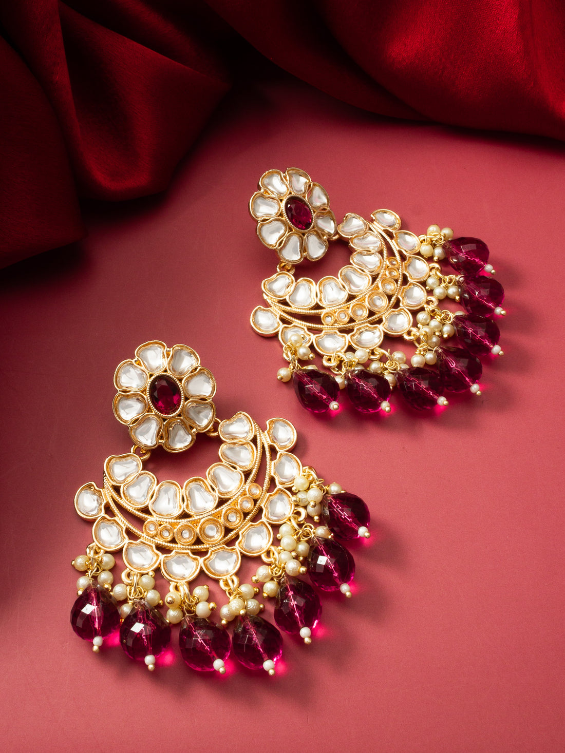 Aadita Gold-Toned Kundan Chandbali Earrings with Crystal Drops and Seed Pearls