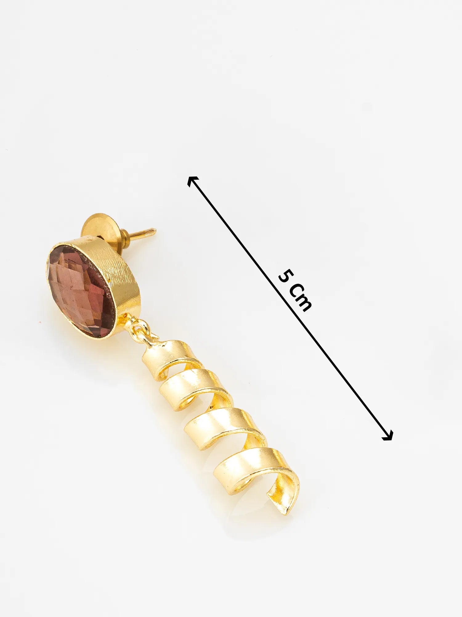 Gold spiral drop earring with a faceted brown gemstone, shown on a white background with a black dimension line indicating 5 cm length.