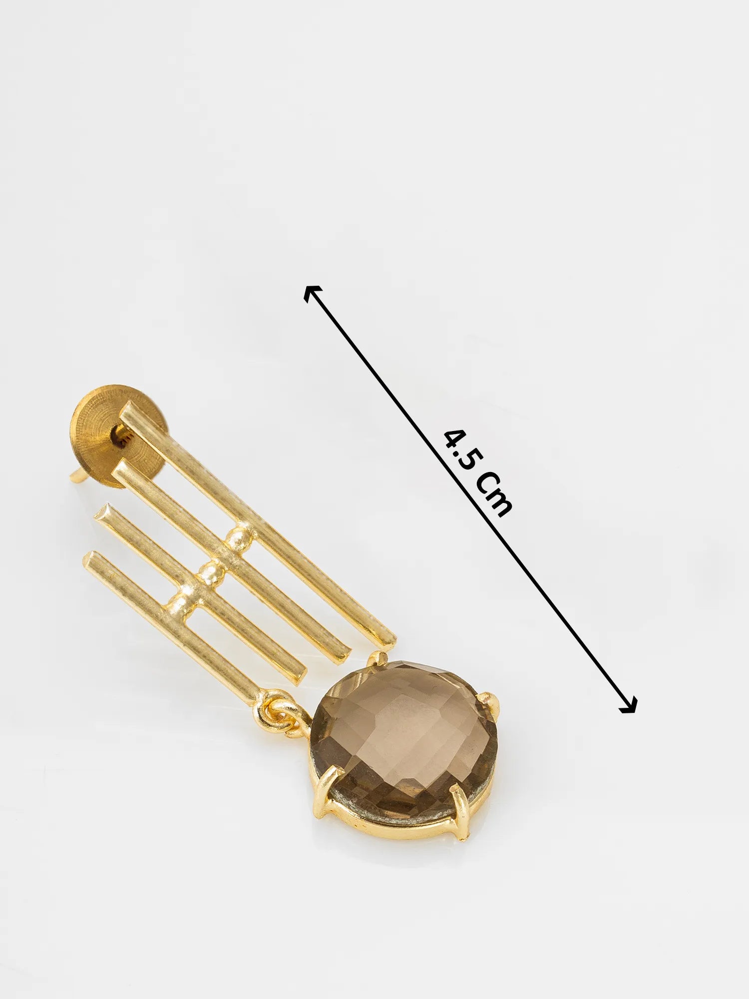 A gold-toned statement earring with a large faceted smoky brown gemstone and three parallel bar details, shown on a white background with a black dimension arrow indicating 4.5 cm.