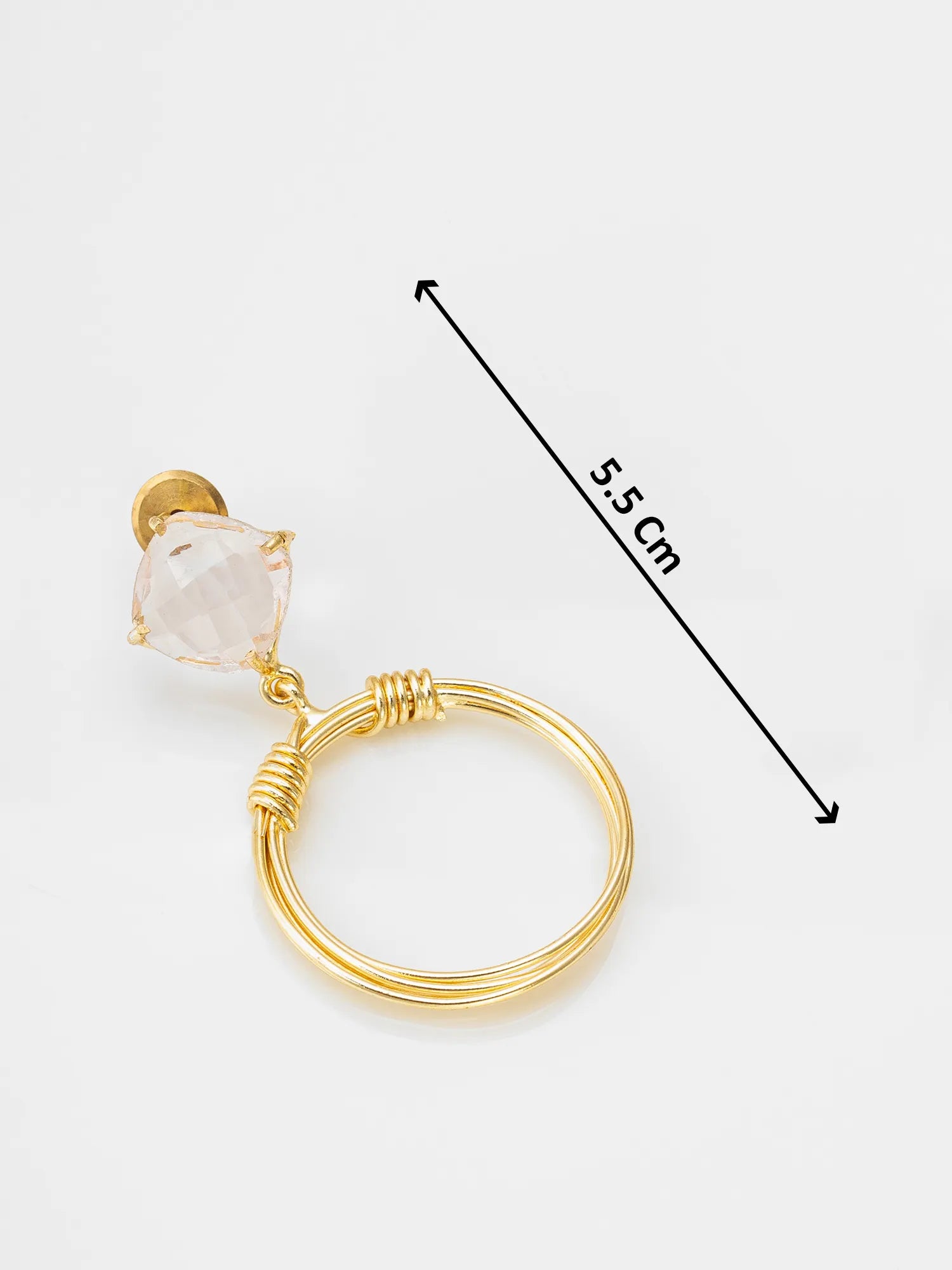 Gold-toned hoop earring with a faceted pale pink crystal and wrapped wire details, shown on a light gray background with a black dimension arrow labeled 5.5 cm.