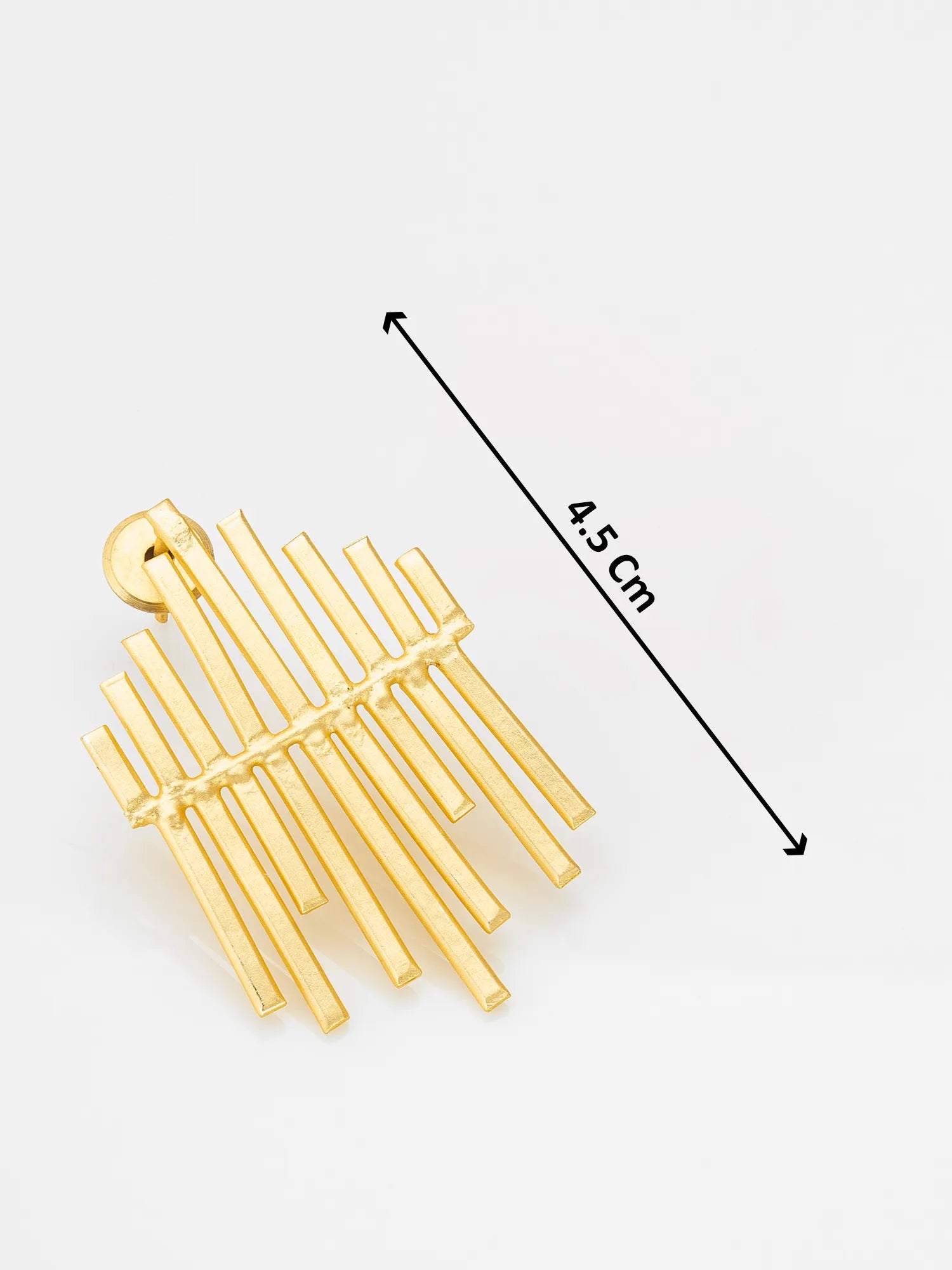 Gold geometric pendant with multiple parallel bar elements, shown on a light gray background with a black dimension arrow and text indicating 4.5 cm height.