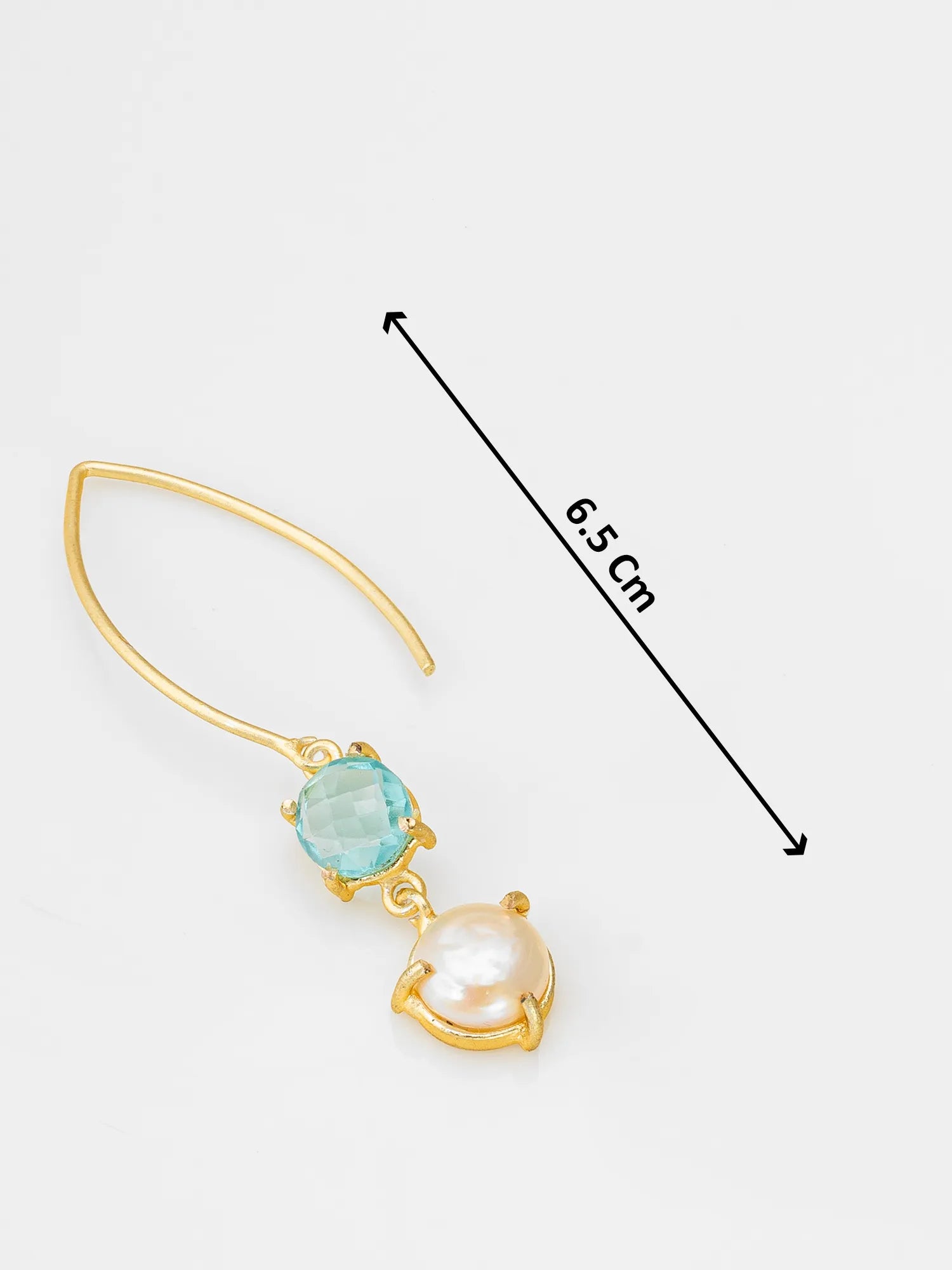 Gold dangle earring with a light blue faceted gemstone and a white pearl, shown with a 6.5 cm size measurement overlay on a light gray background.