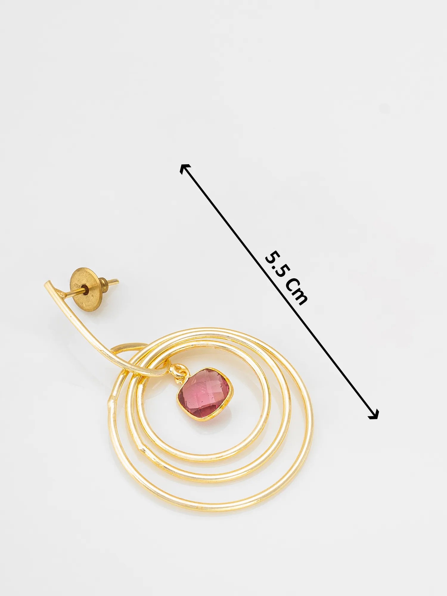 Gold spiral hoop earring with a small pink faceted gemstone, shown on a white background with a black dimension arrow indicating 5.5 cm.