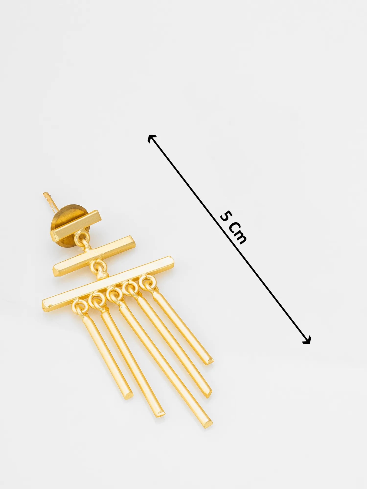 Gold-tone geometric dangle earrings with a horizontal bar, small circular links, and five hanging cylindrical drops, shown on a light gray background with a black 5 cm size indicator.