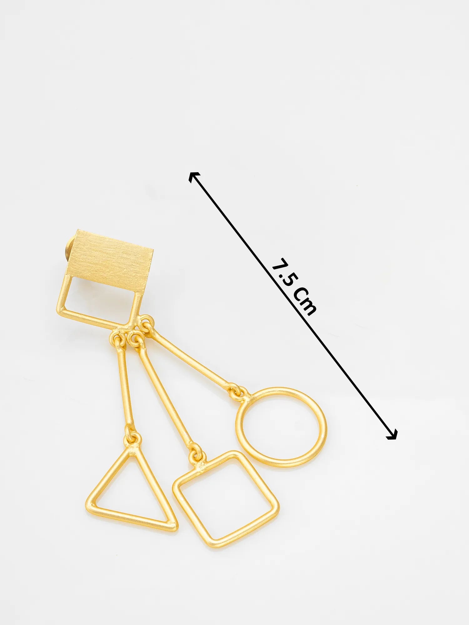 Gold geometric dangle earrings with a rectangular top, triangle, square, and circular drop charms, shown on a white background with a 7.5 cm size indicator.