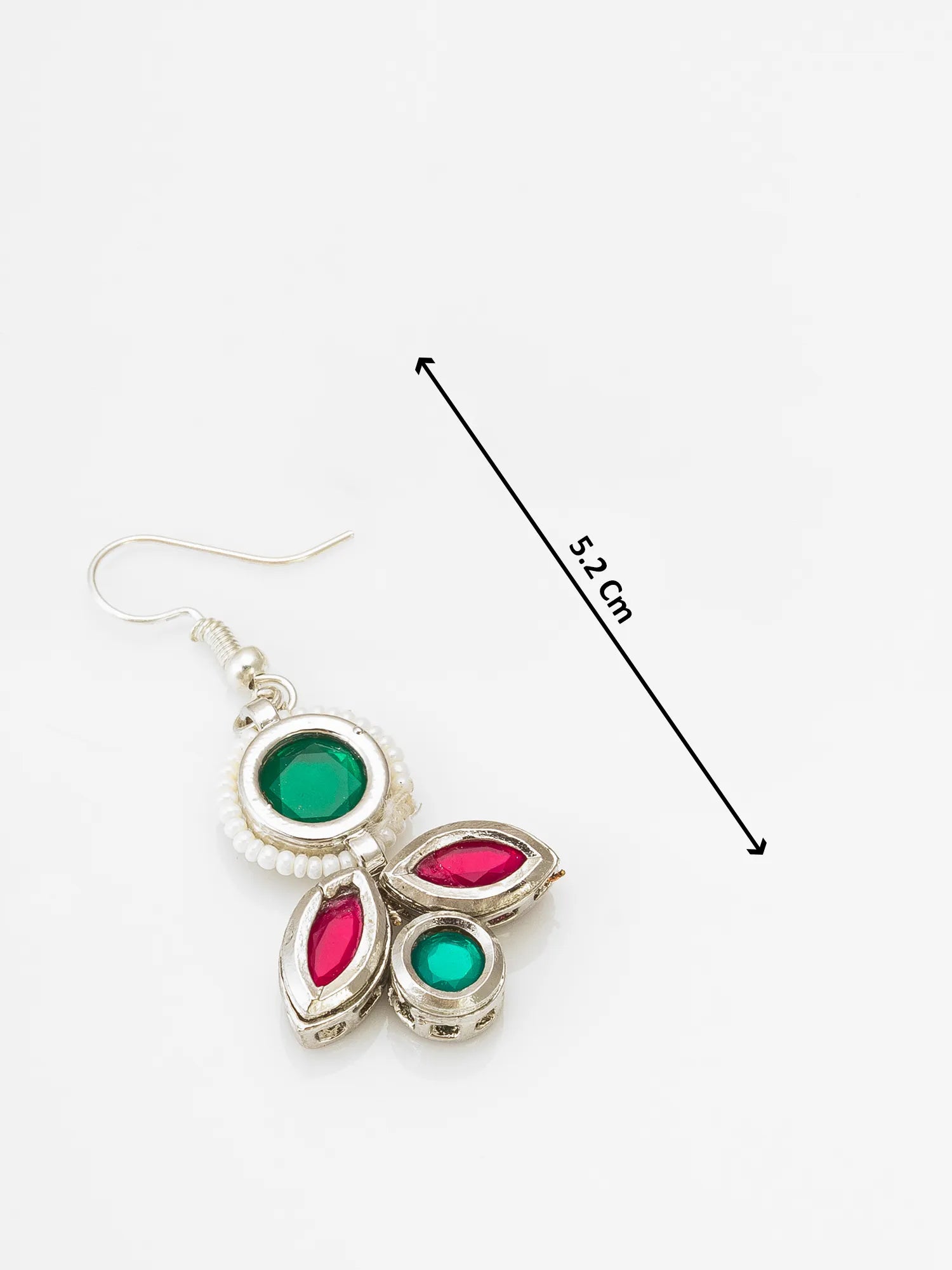 Silver earrings with green and red stones, shown with a measurement line on a white background.