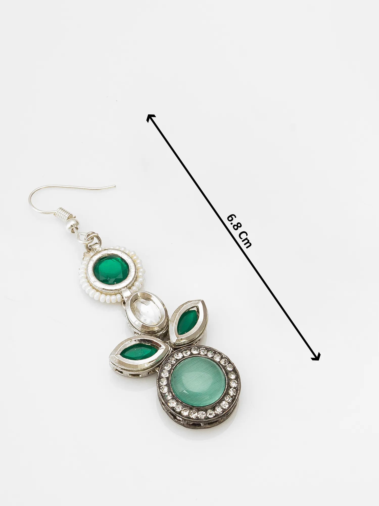Earrings with green gemstones and silver accents, shown with a measurement line on a white background.