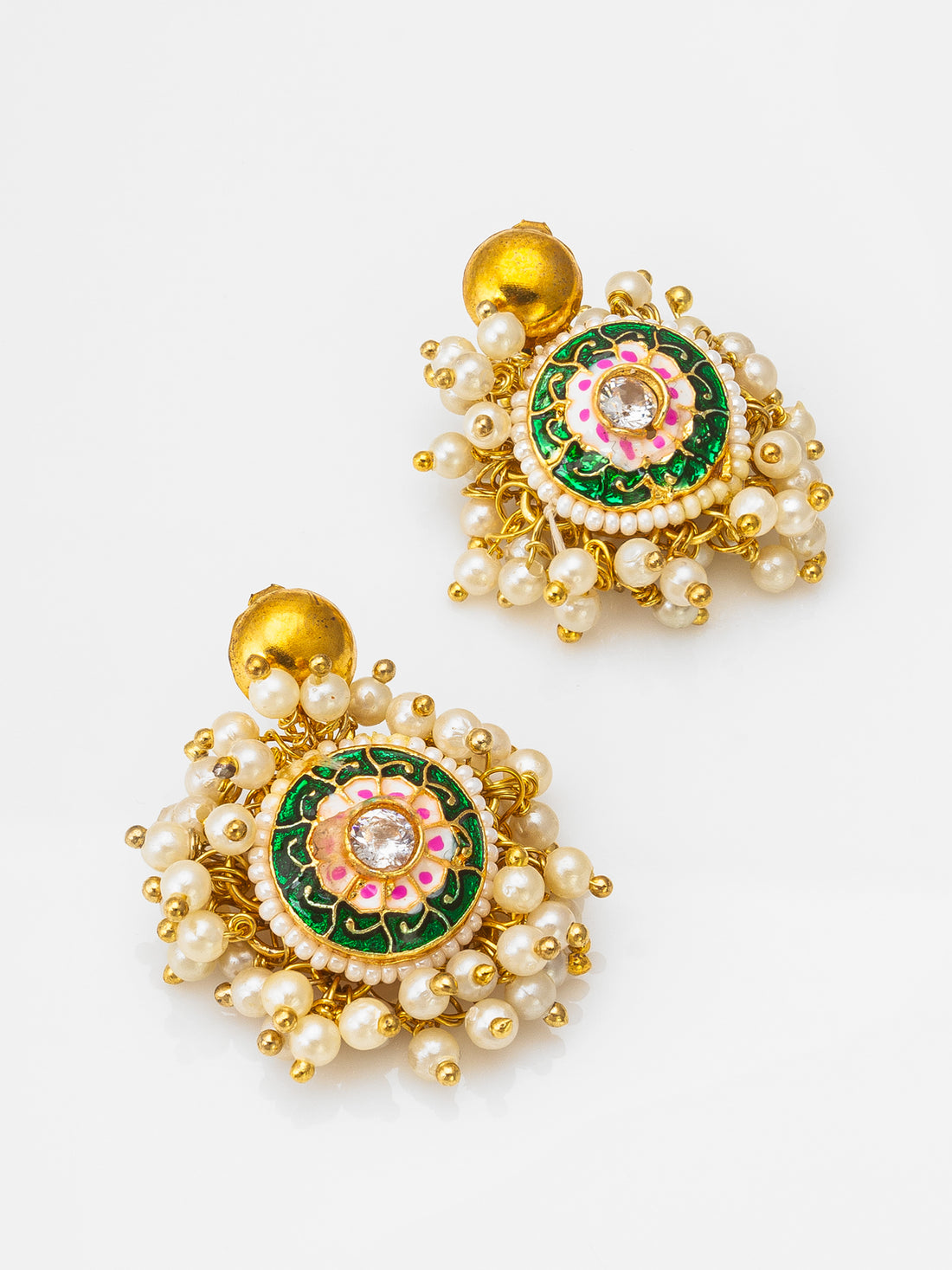 Aadita Traditional Green Meenakari Earrings with Pearl Cluster Drops