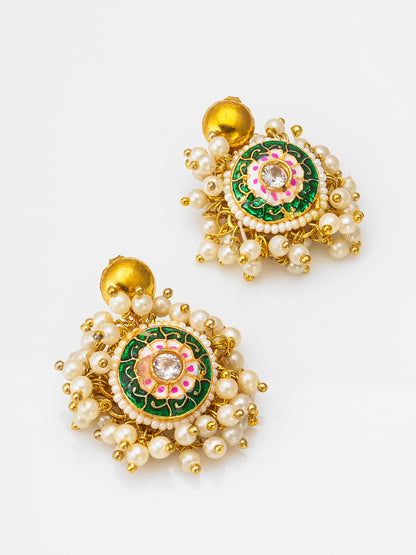 Aadita Traditional Green Meenakari Earrings with Pearl Cluster Drops