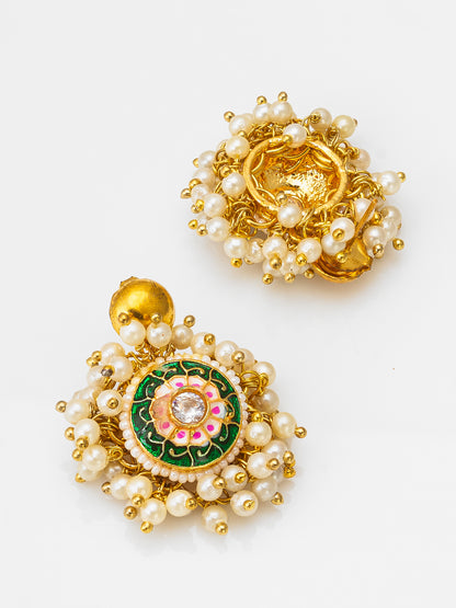 Aadita Traditional Green Meenakari Earrings with Pearl Cluster Drops