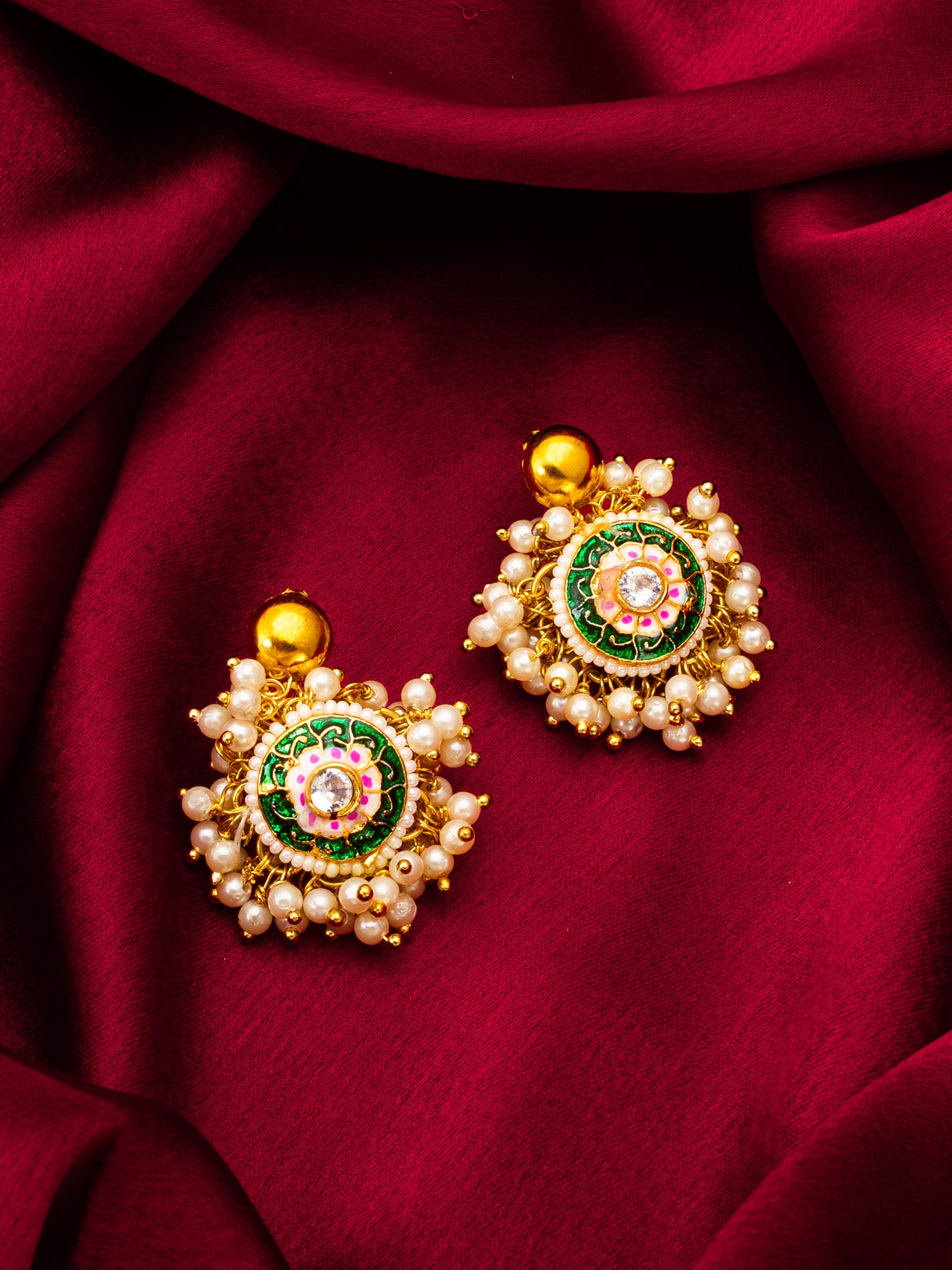 Aadita Traditional Green Meenakari Earrings with Pearl Cluster Drops