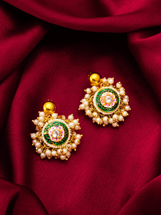 Aadita Traditional Green Meenakari Earrings with Pearl Cluster Drops