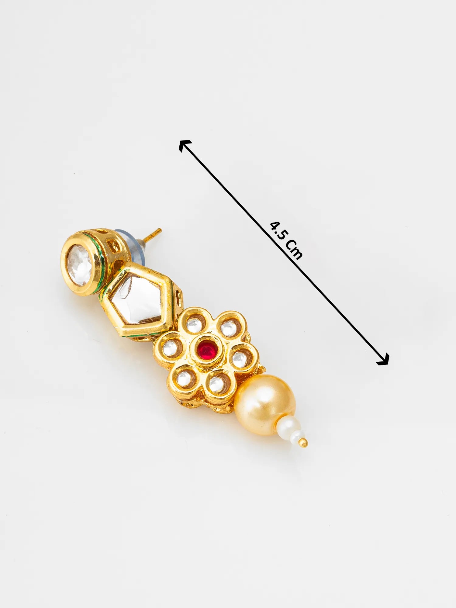 Gold-toned statement earrings with a hexagonal link, a flower motif with a red center stone, clear stones, and a pearl bead, shown on a white background with a 4.5 cm size indicator.