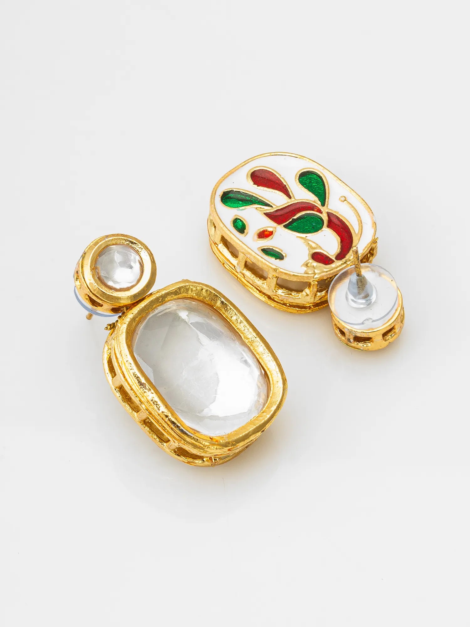 Gold earrings with colorful design on a white background