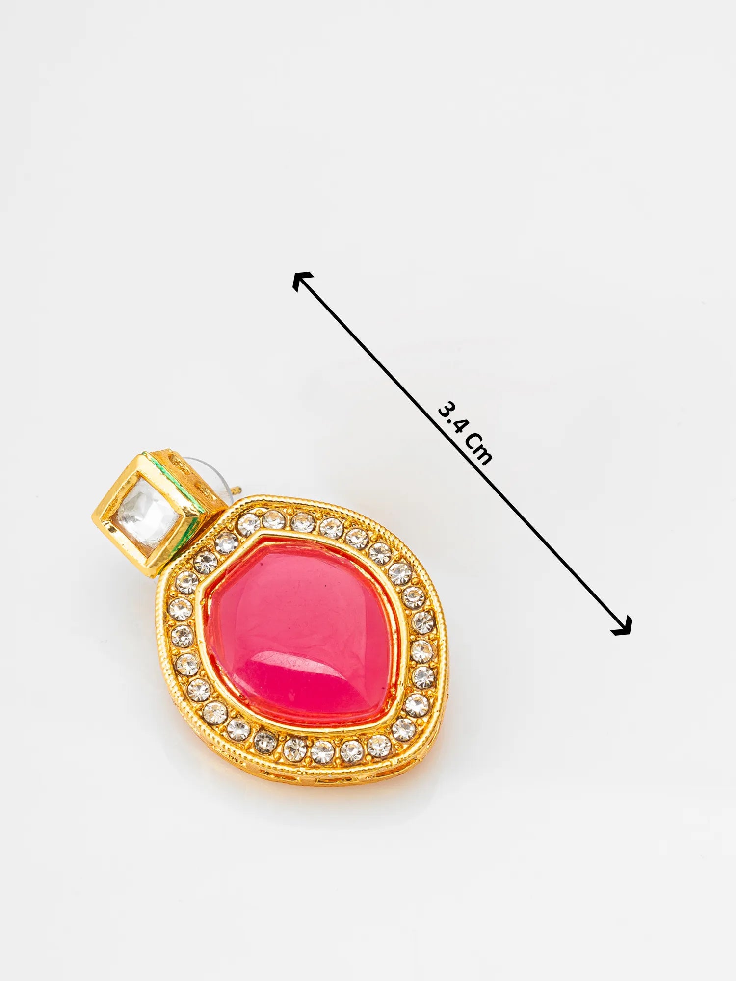 Gold pendant with a pink stone and measurement label on a white background